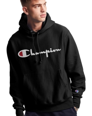 Black Champion Reverse Weave Vintage Script Logo Men's Hoodie | YMKJQE591