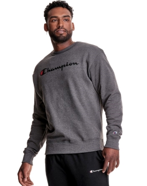 Dark Grey Champion Powerblend Crew Script Logo Men's Sweatshirts | HEIVSO076